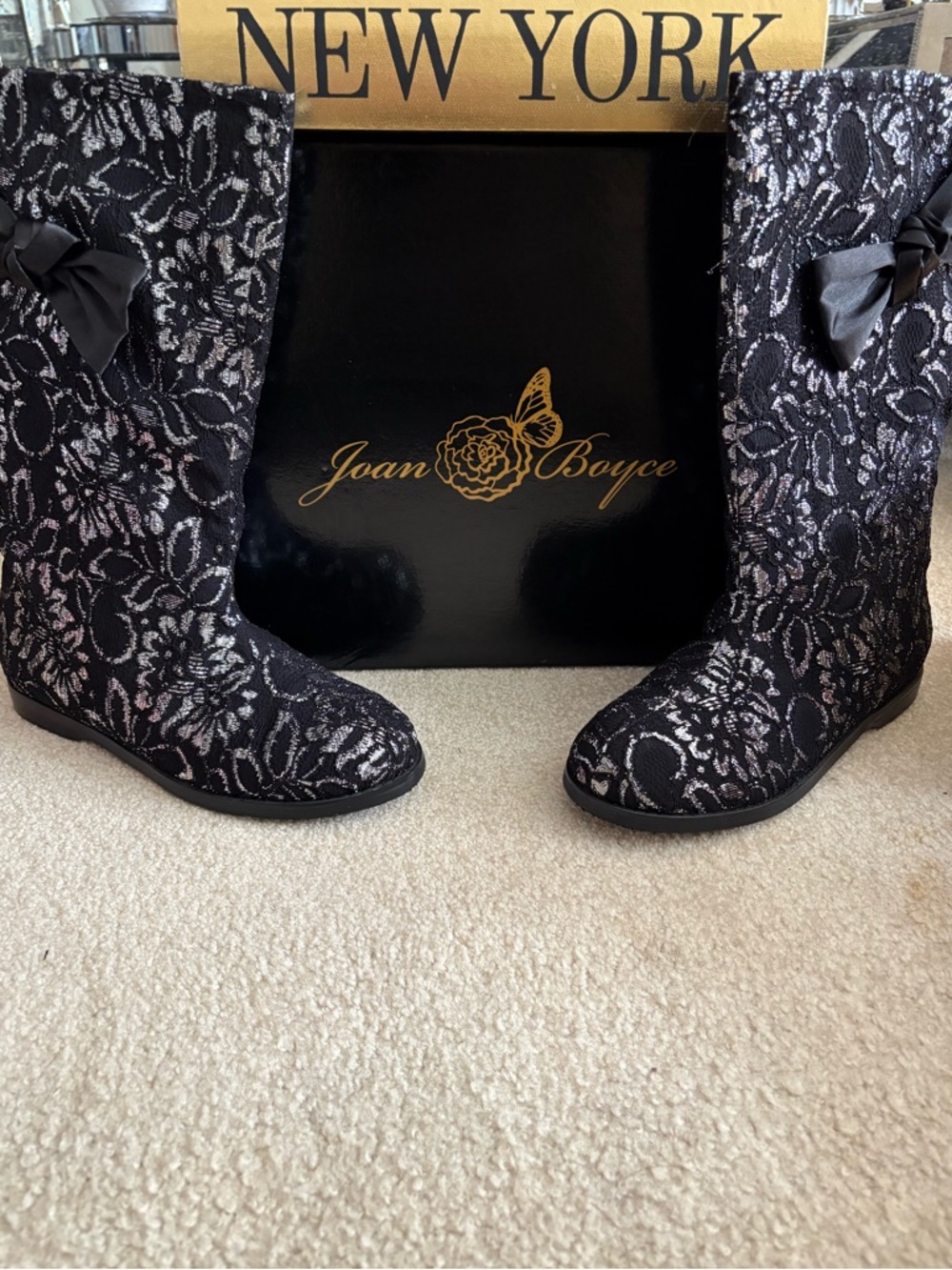 Black Floral Lace Mid-Calf Boots with Side Bow